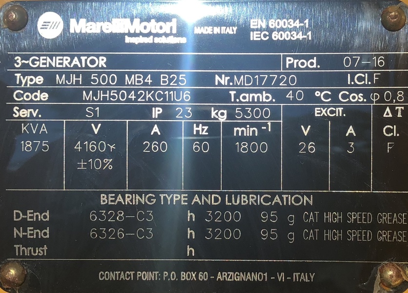  1500 kW - 4160V  Alternators/Gen ends