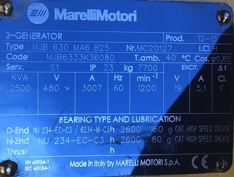  2000 kW - 480 V  Alternators/Gen ends